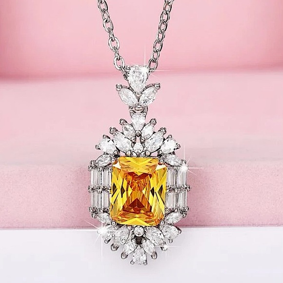 Canary Yellow 14K Diamond Citrine Pendant Charm Necklace Exquisite Luxury - Picture 9 of 14